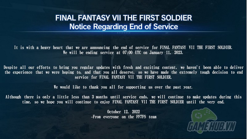 Final Fantasy 7 The First Soldier sẽ đóng cửa vào tháng 1 năm sau